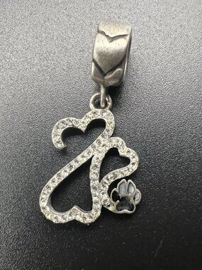 Vintage Sterling Silver Pave Infinity Heart Paw Print Dangle Charm 1" Long